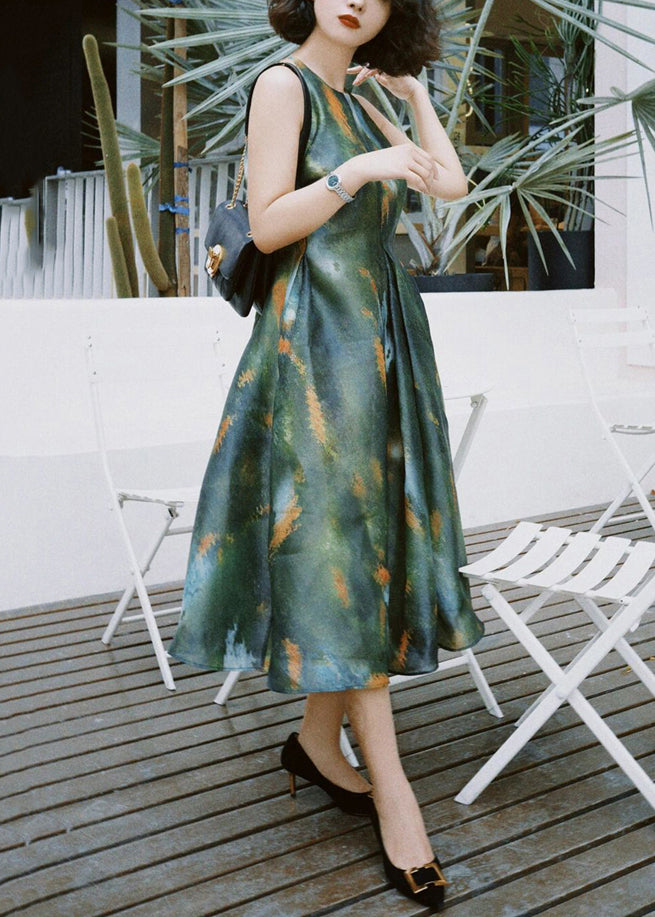 French Green Print High Waist Silk Long Dress Sleeveless Kk030