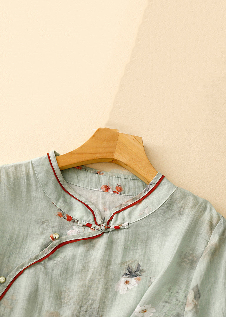 French Green Stand Collar Print Linen Blouses Half Sleeve Jh067