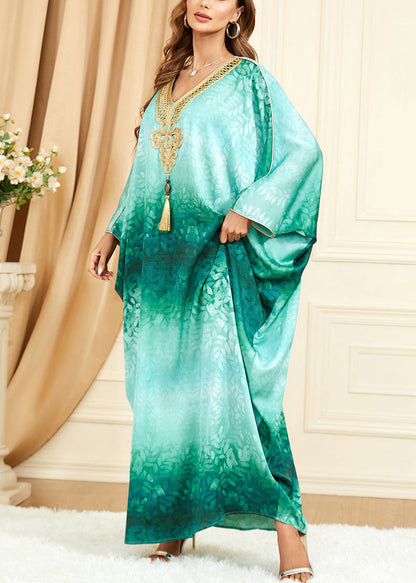 French Green V Neck Print Silk Maxi Dresses Batwing Sleeve Aa1032