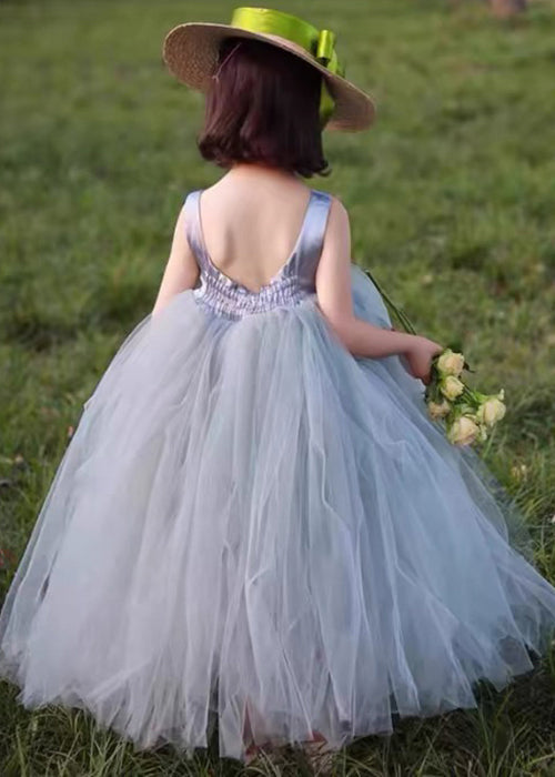 French Grey Backless Patchwork Tulle Maxi Dress Sleeveless Tt025