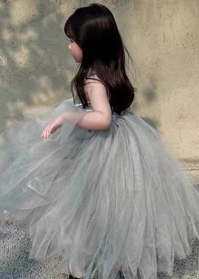 French Grey Backless Patchwork Tulle Maxi Dress Sleeveless Tt025