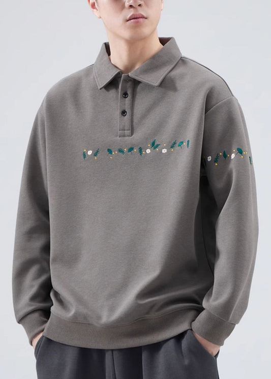 Embroideried Button French Grey Sweatshirts Cotton Tc020 Spring