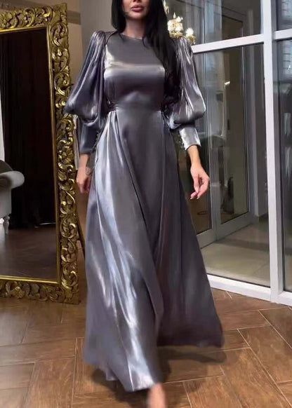 French Grey O-neck Silk Long Dresses Lantern Sleeve Ql005