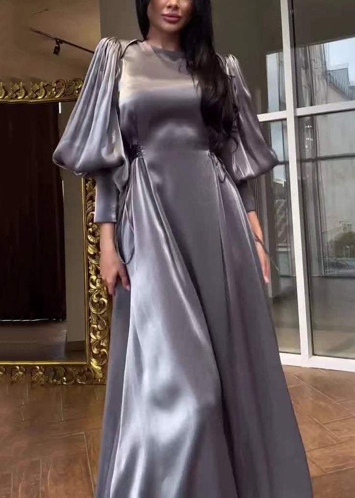 French Grey O-neck Silk Long Dresses Lantern Sleeve Ql005