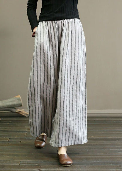 French Grey Pockets Striped Linen Straight Pants Summer Ly0586