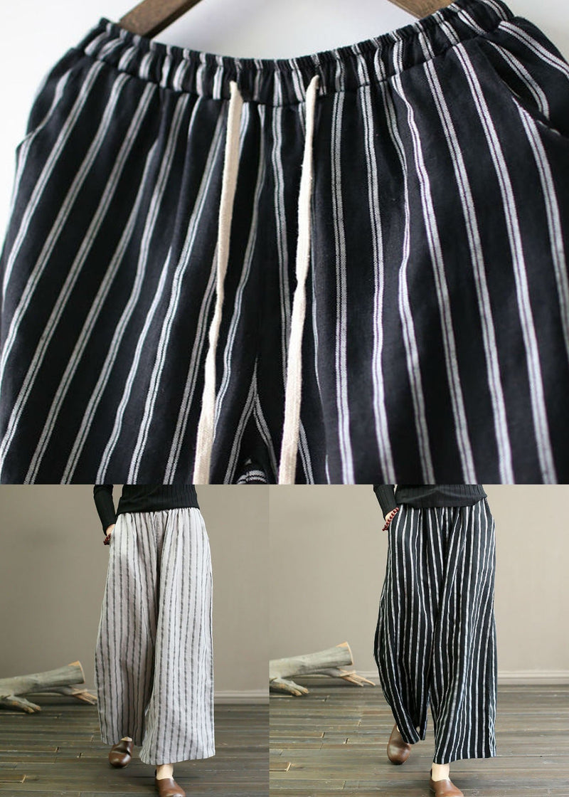 French Grey Pockets Striped Linen Straight Pants Summer Ly0586
