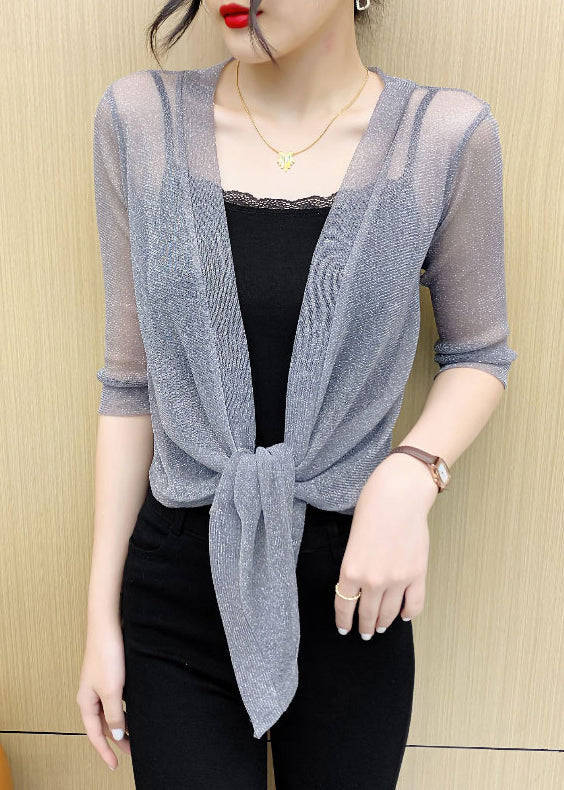 French Grey V Neck Lace Up Tulle Cardigan Summer As1021