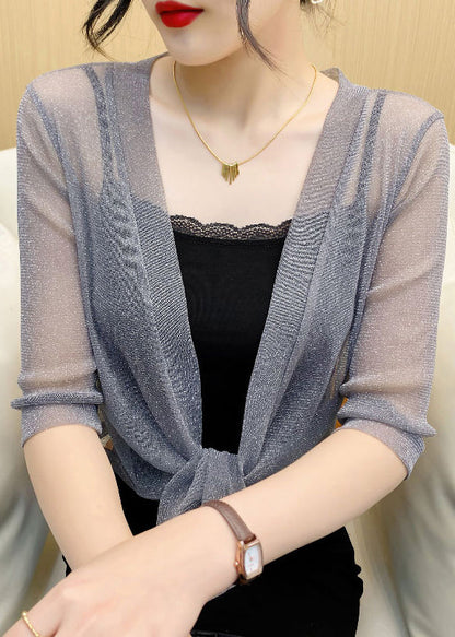 French Grey V Neck Lace Up Tulle Cardigan Summer As1021