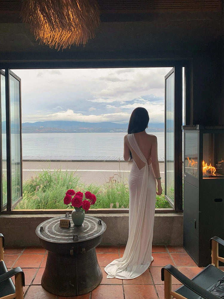 French-inspired White Ribbon Tie Backless Maxi Dress Beach & Evening Elegance
