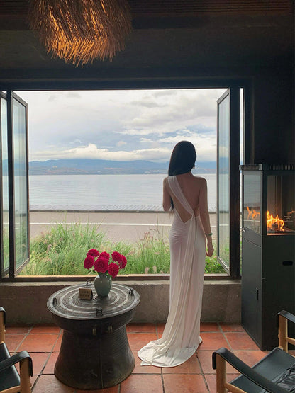 French-inspired White Ribbon Tie Backless Maxi Dress Beach & Evening Elegance