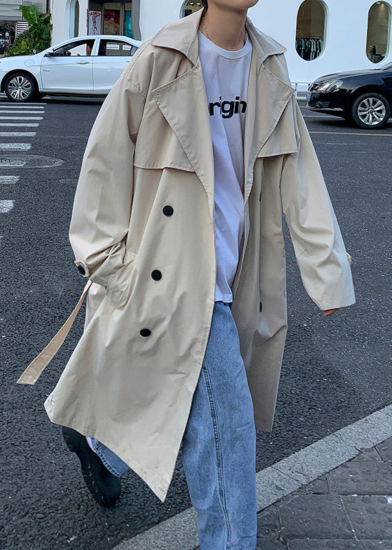 French Khaki Double Breast Tie Waist Cotton Long Trench Coat Spring Yq002