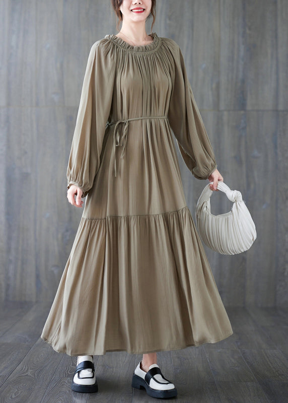 Natural Khaki Wrinkled Drawstring Chiffon Long Dress Long Sleeve Gh1020