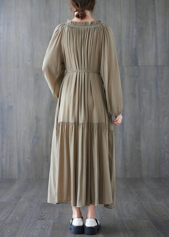 Natural Khaki Wrinkled Drawstring Chiffon Long Dress Long Sleeve Gh1020