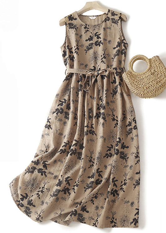 French Khaki O Neck Print Tie Waist Cotton Long Dresses Sleeveless Gg005