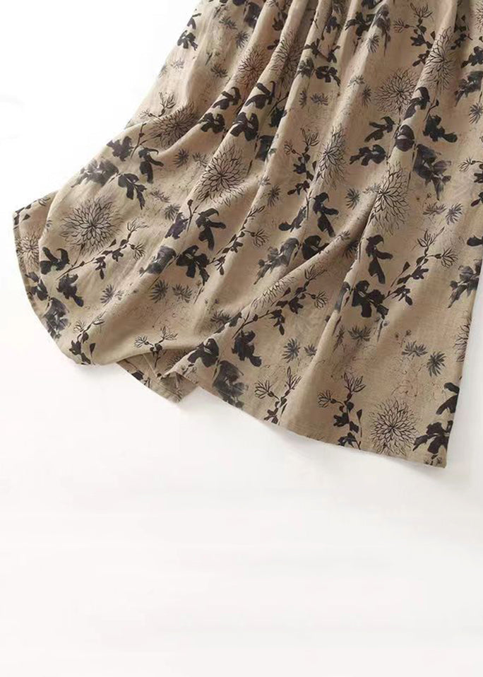 French Khaki O Neck Print Tie Waist Cotton Long Dresses Sleeveless Gg005