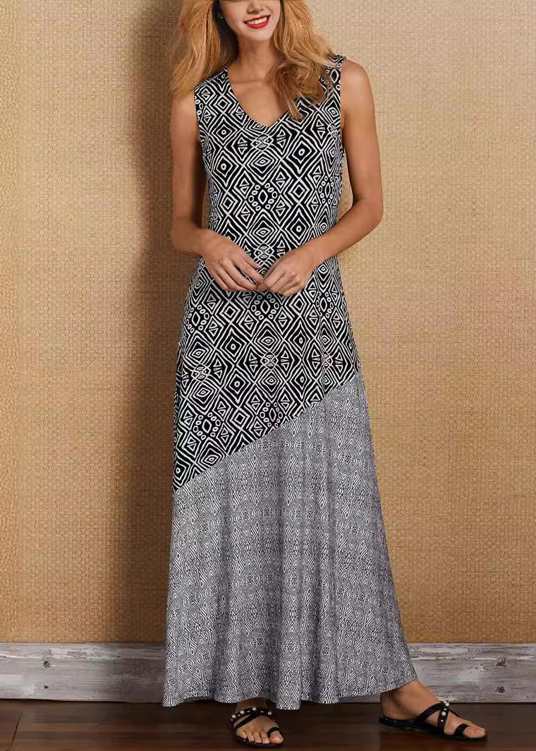 French Khaki V Neck Print Patchwork Cotton Maxi Dresses Sleeveless Tl018