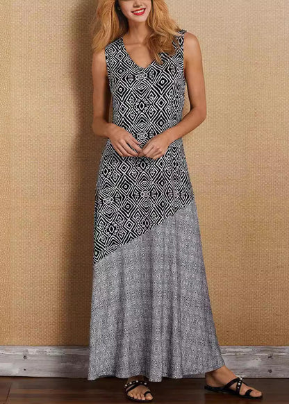 French Khaki V Neck Print Patchwork Cotton Maxi Dresses Sleeveless Tl018