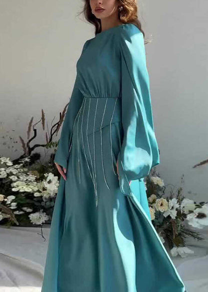 French Lake Blue Tassel Lace Up Silk Long Dress Fall Ql021