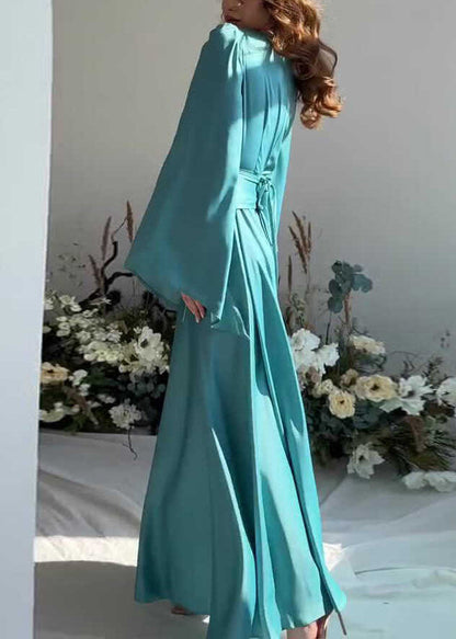 French Lake Blue Tassel Lace Up Silk Long Dress Fall Ql021