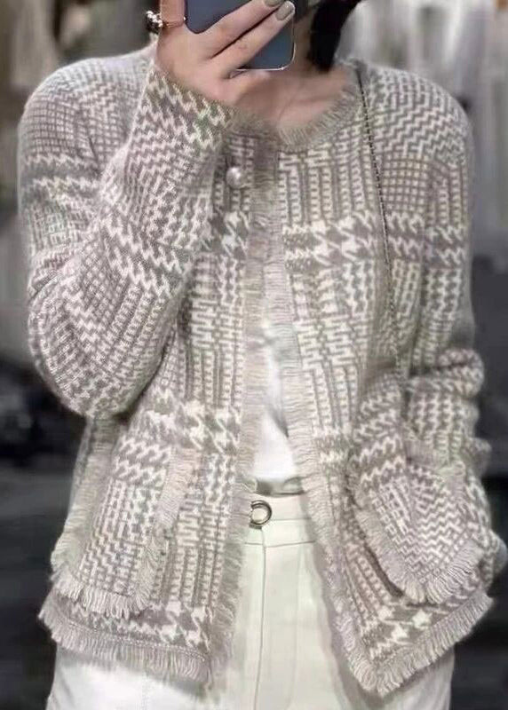 French Light Camel O-neck Tassel Woolen Cardigan Fall Wn031