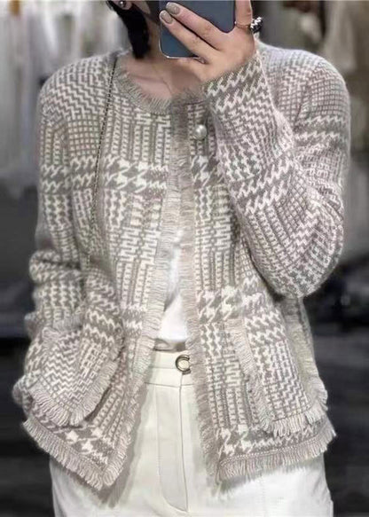 French Light Camel O-neck Tassel Woolen Cardigan Fall Wn031