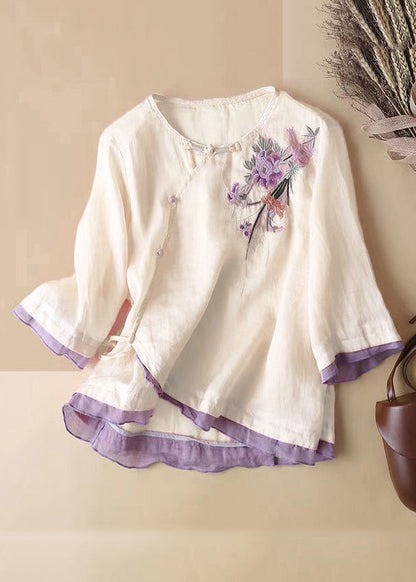 French Linen Embroidered Button Cotton Blouses Half Sleeve Jh023