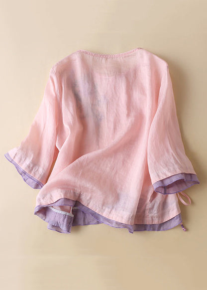 French Linen Embroidered Button Cotton Blouses Half Sleeve Jh023