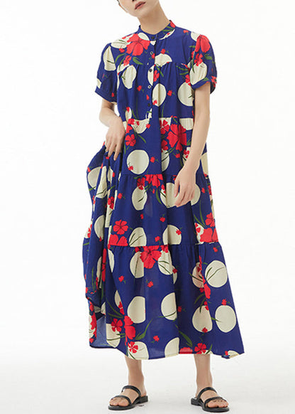 French Navy Button Print Cotton Long Dress Short Sleeve Aa1017
