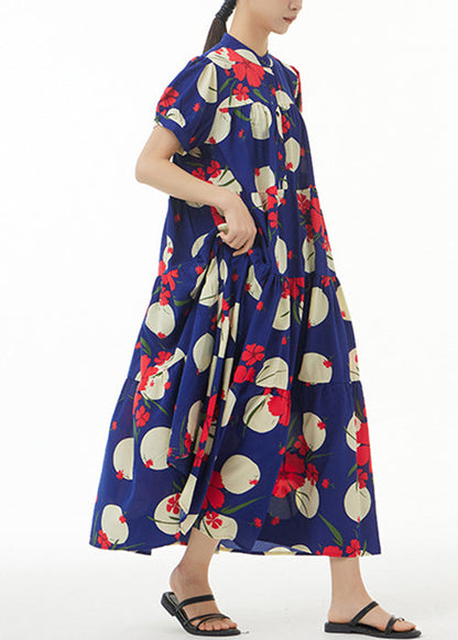 French Navy Button Print Cotton Long Dress Short Sleeve Aa1017