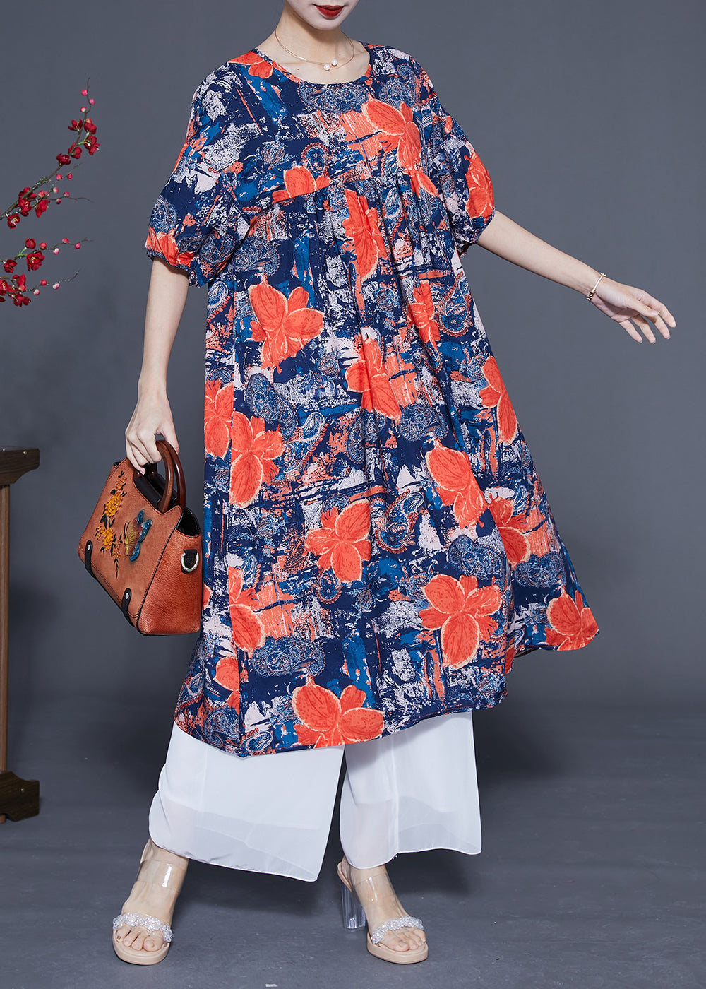 French Navy O-neck Print Silk Maxi Dress Summer Lc0420