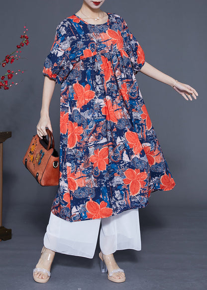 French Navy O-neck Print Silk Maxi Dress Summer Lc0420
