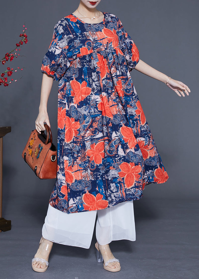 French Navy O-neck Print Silk Maxi Dress Summer Lc0420