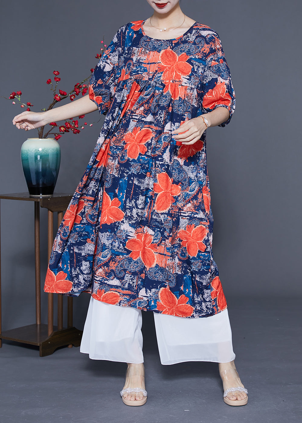 French Navy O-neck Print Silk Maxi Dress Summer Lc0420