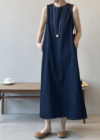 French Navy O Neck Pockets Denim Long Dress Sleeveless Qb004