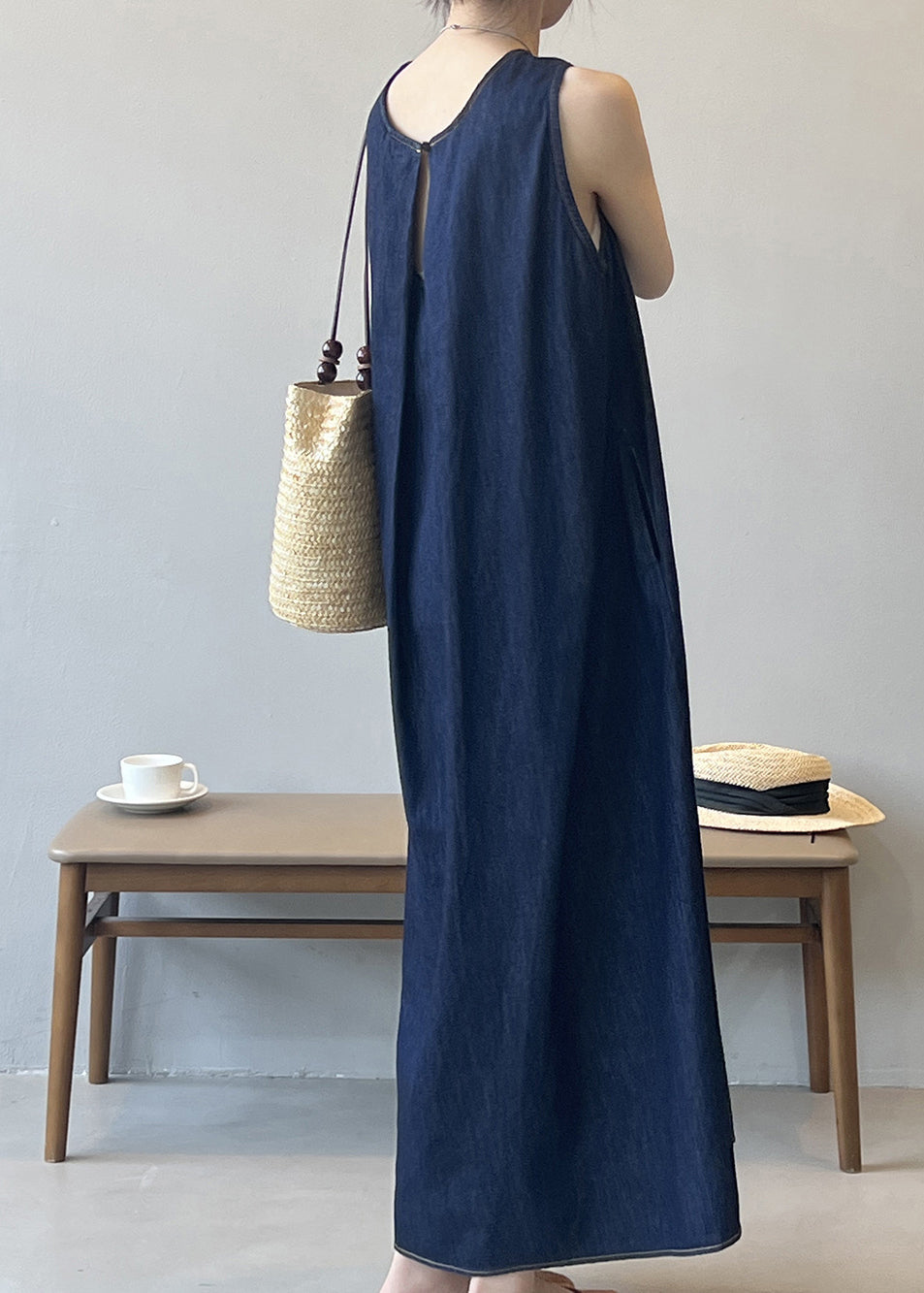 French Navy O Neck Pockets Denim Long Dress Sleeveless Qb004