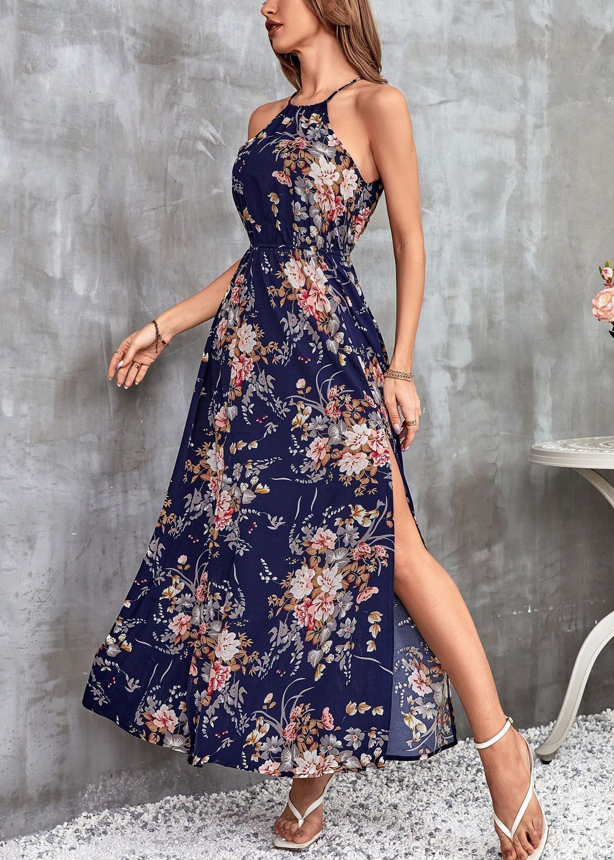 French Navy Print Side Open Cotton Long Dresses Sleeveless Ww1048