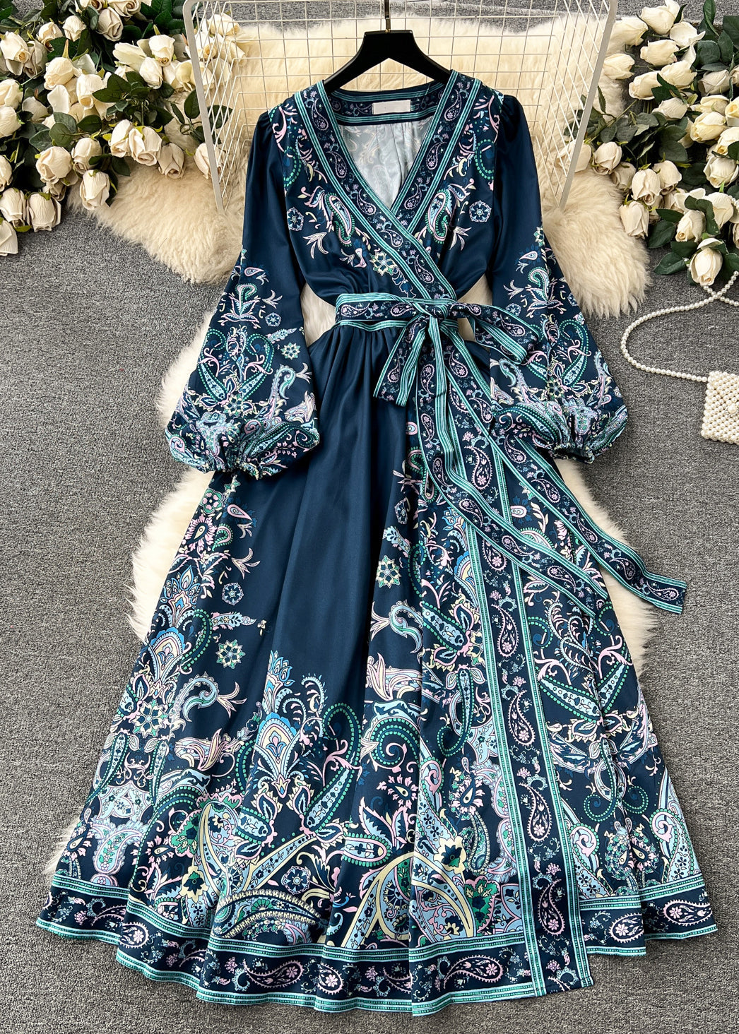 French Navy Print Tie Waist Cotton Long Dress Fall Tr025