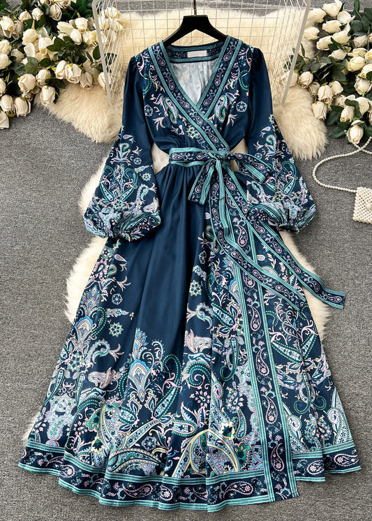French Navy Print Tie Waist Cotton Long Dress Fall Tr025