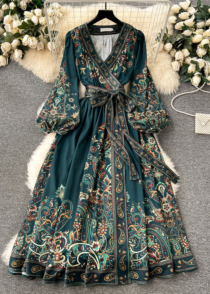 French Navy Print Tie Waist Cotton Long Dress Fall Tr025