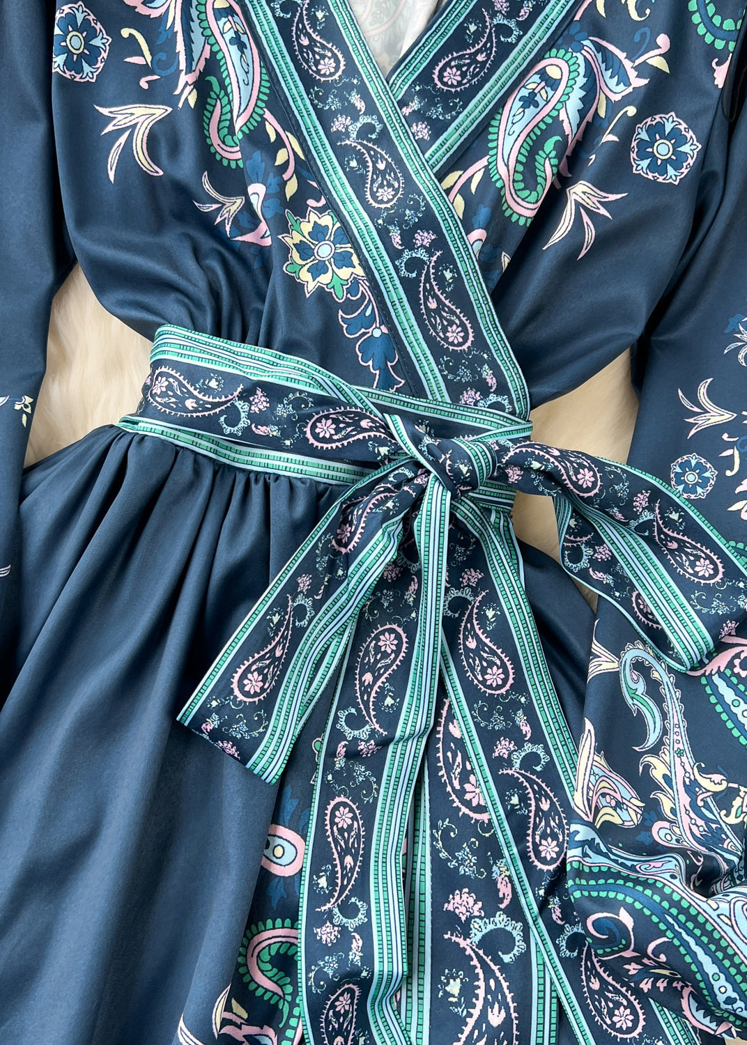 French Navy Print Tie Waist Cotton Long Dress Fall Tr025