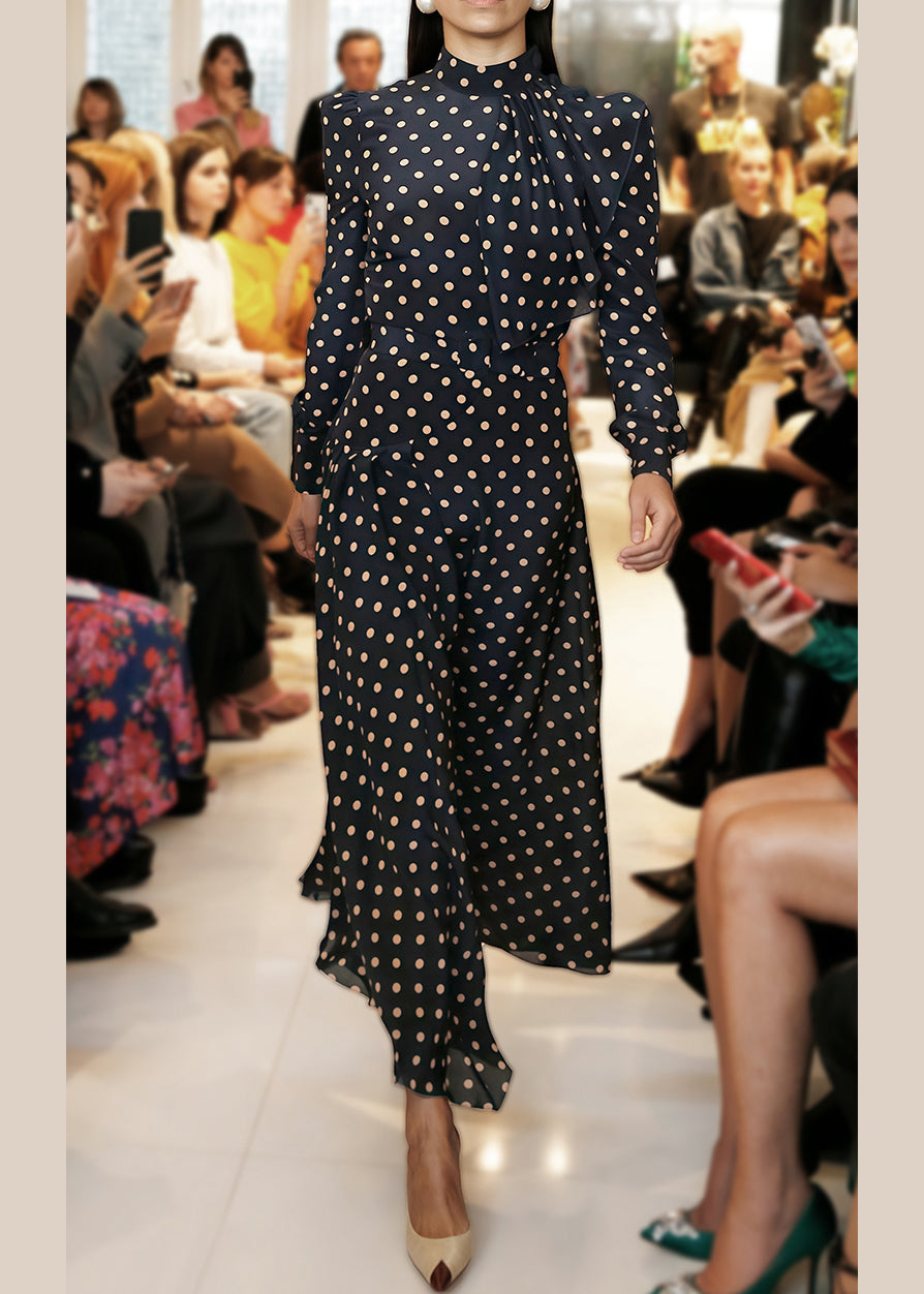 French Navy Zippered Dot High Waist Chiffon Long Dress Fall Qr034