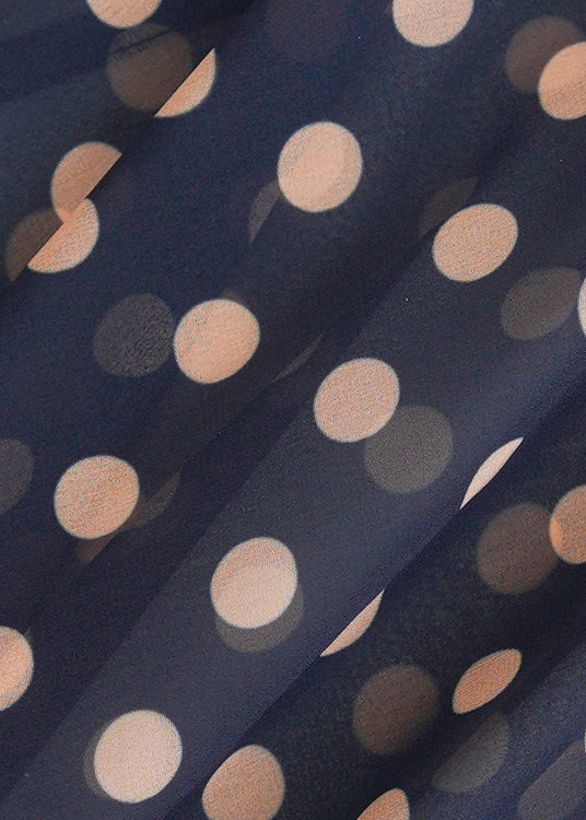 French Navy Zippered Dot High Waist Chiffon Long Dress Fall Qr034