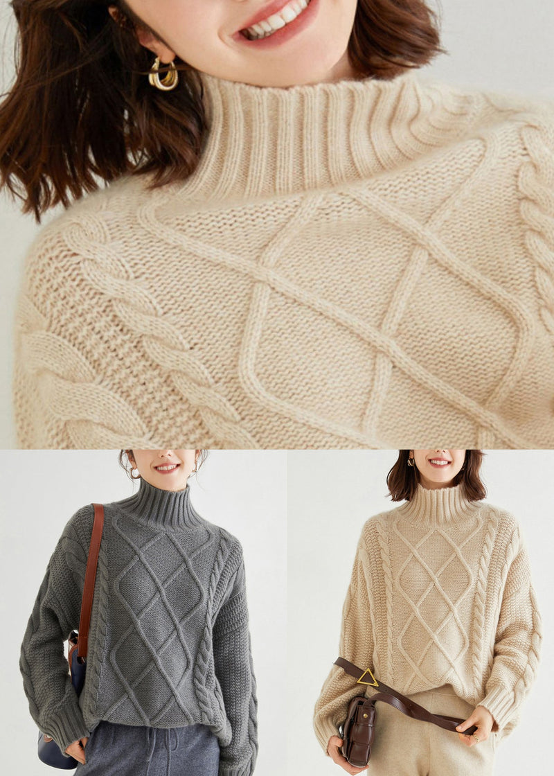 French Oatmeal Turtleneck Thick Cable Cashmere Sweater Spring Yw028
