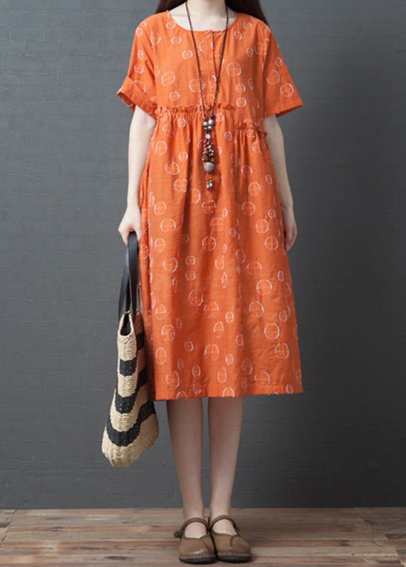 French Orange Dot Print Maxi Dress Short Sleeve Vb1028