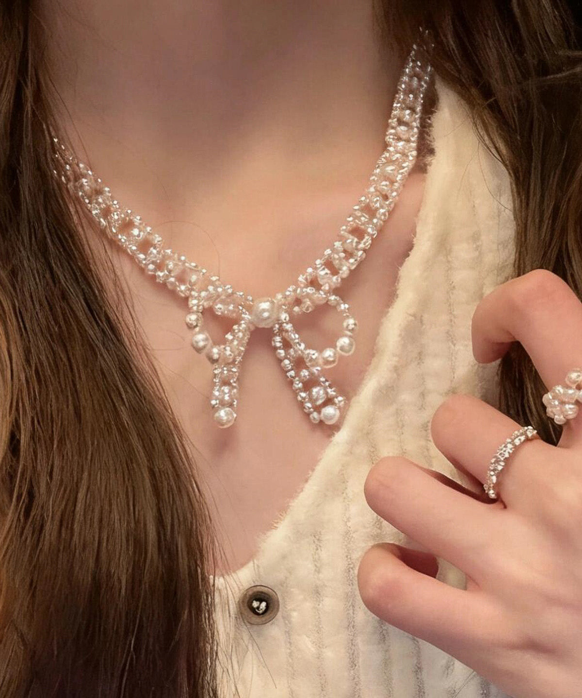 French Pearl Bow Sweater Necklace and Bracelet Set