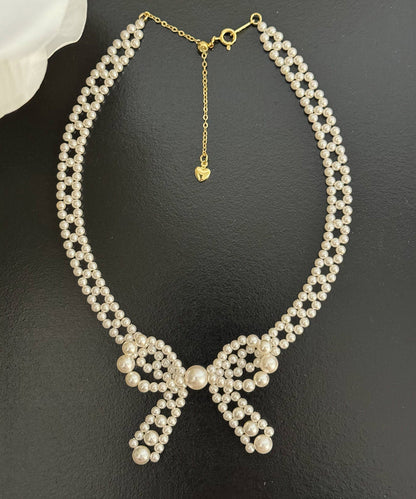 French Pearl Bow Sweater Necklace and Bracelet Set