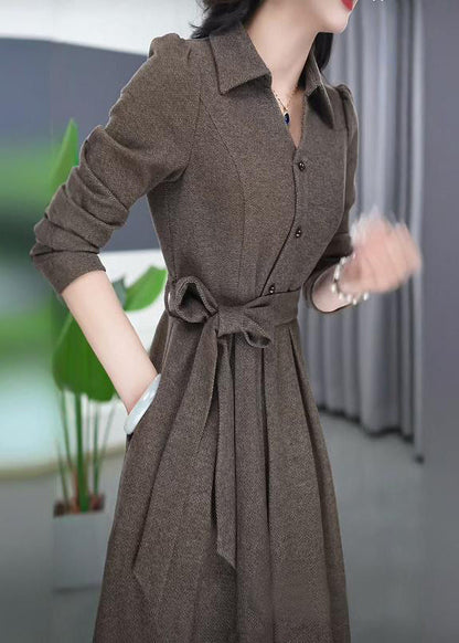 French Peter Pan Collar Tie Waist Flattering Button Maxi Dress Spring Rf032