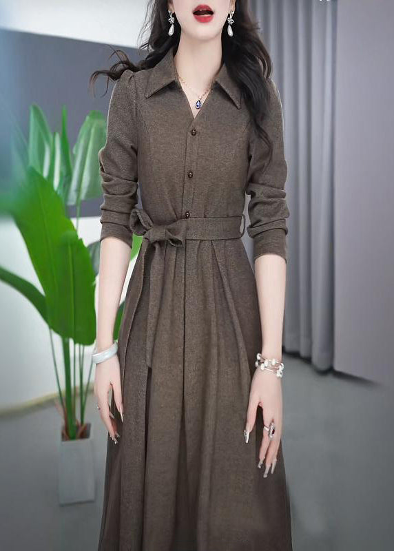 French Peter Pan Collar Tie Waist Flattering Button Maxi Dress Spring Rf032