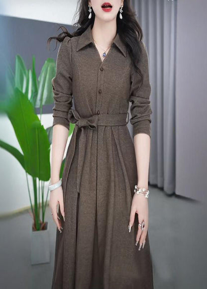 French Peter Pan Collar Tie Waist Flattering Button Maxi Dress Spring Rf032