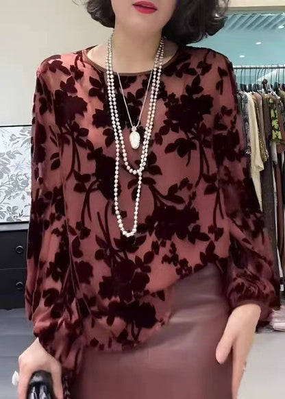 French Pink O Neck Jacquard Silk Velour Blouse Tops Fall Wp039